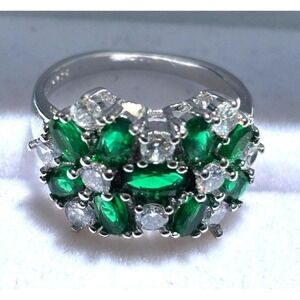 Emerald Green & White CZ Flower Cluster Ring For Women Silver Plated NEW